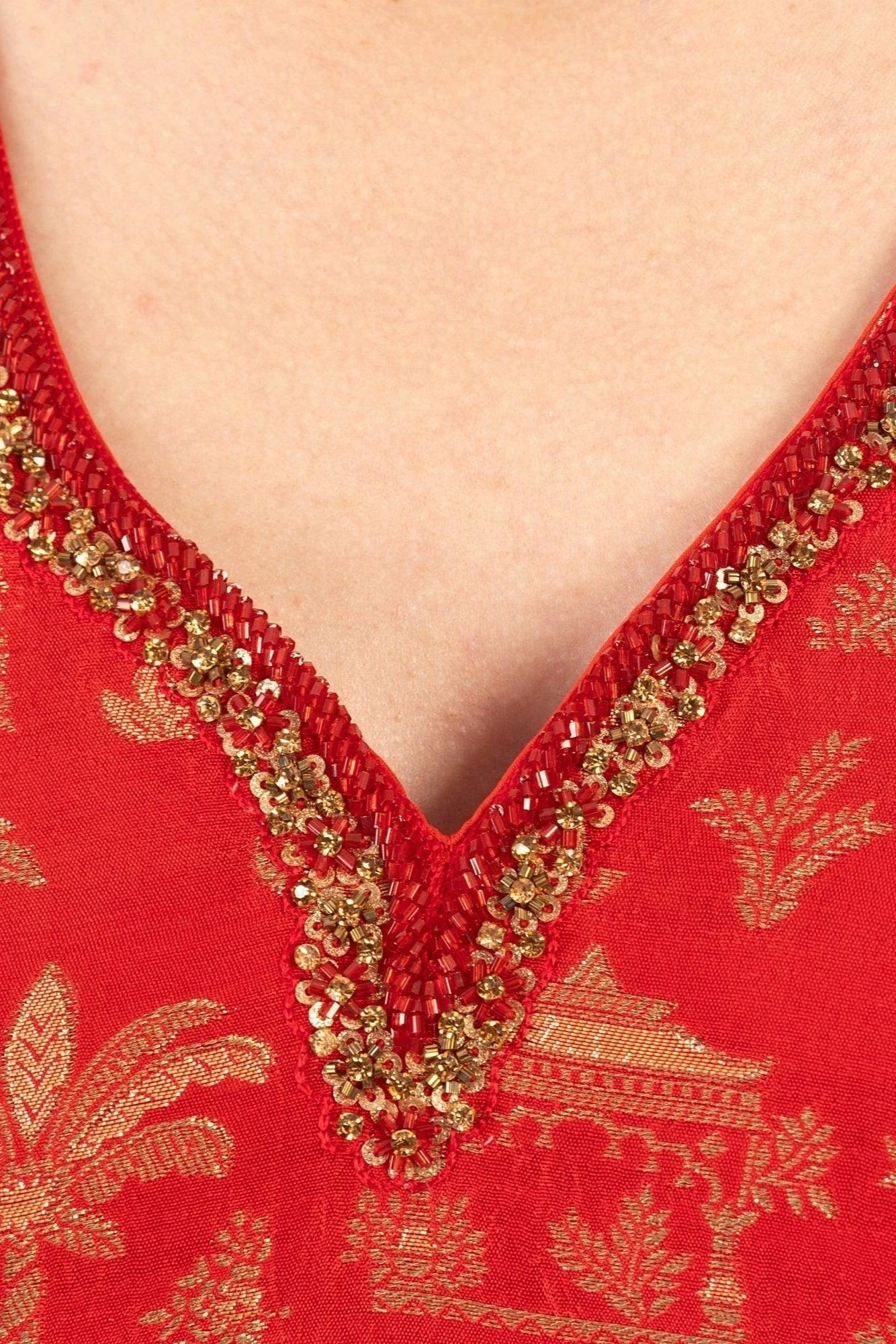 Azalea Jacquard Silk Red Gown by Raas
