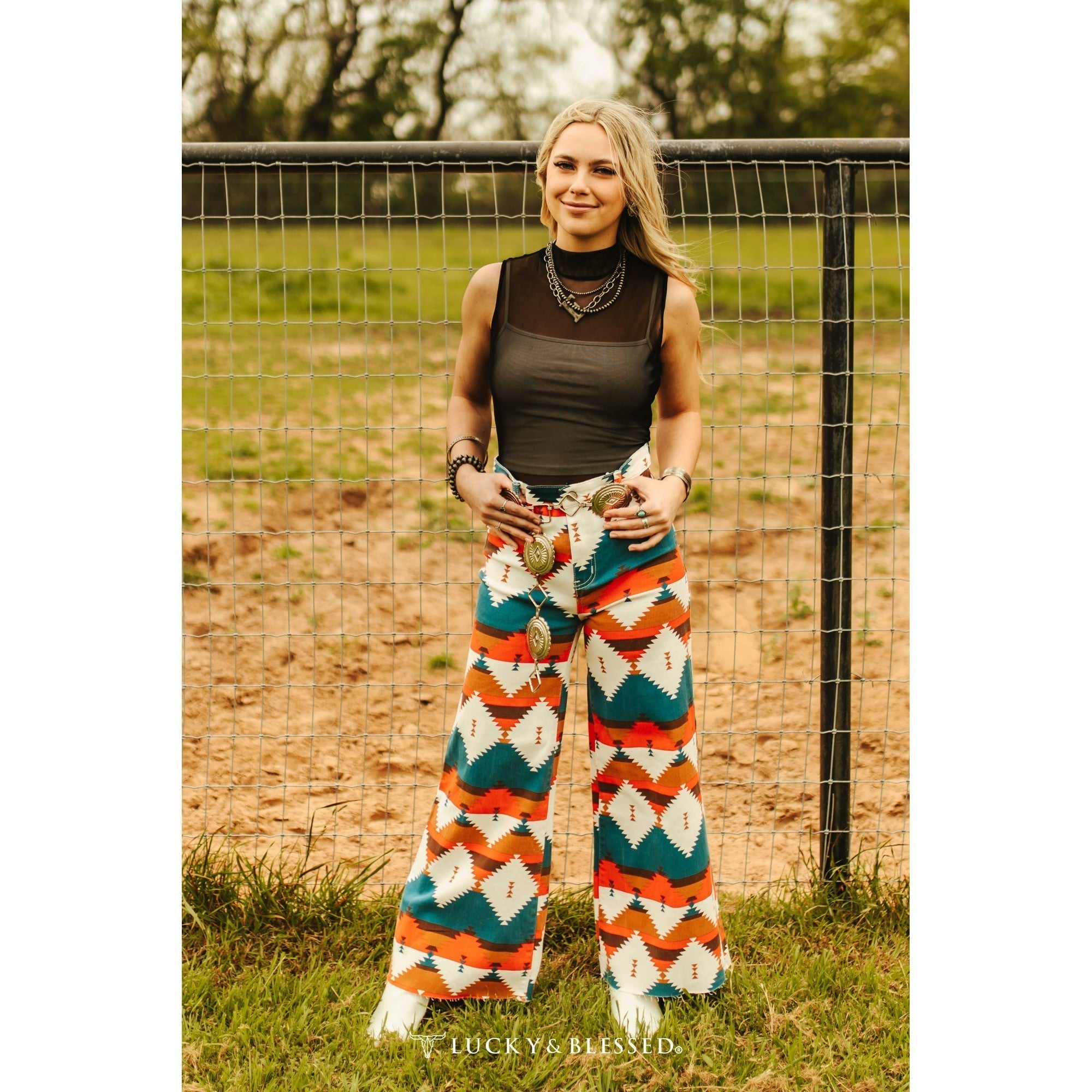 Aztec Tummy Control Cropped Wide Leg Jeans | Western [Sizes 6 - 14]