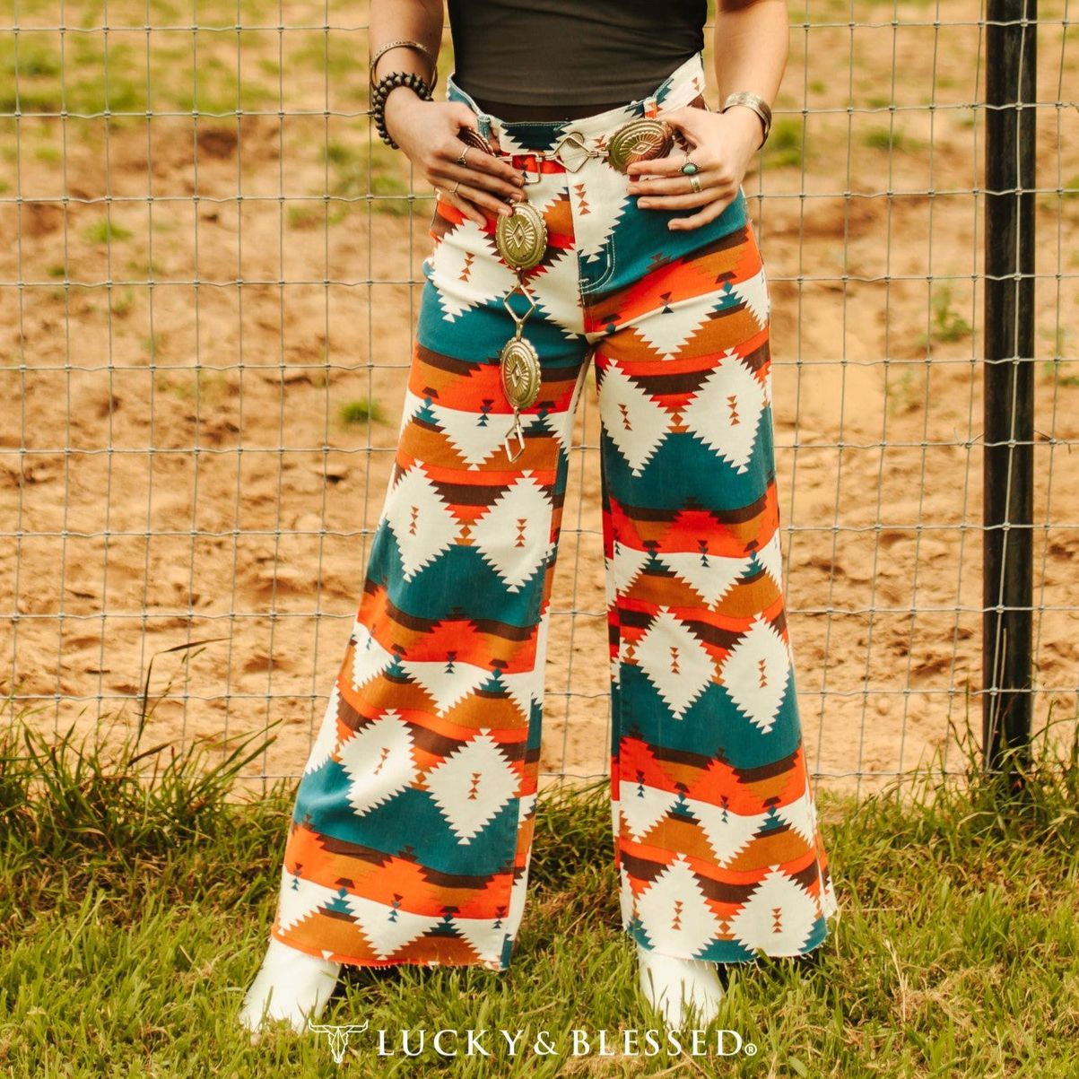 Aztec Tummy Control Cropped Wide Leg Jeans | Western [Sizes 6 - 14]