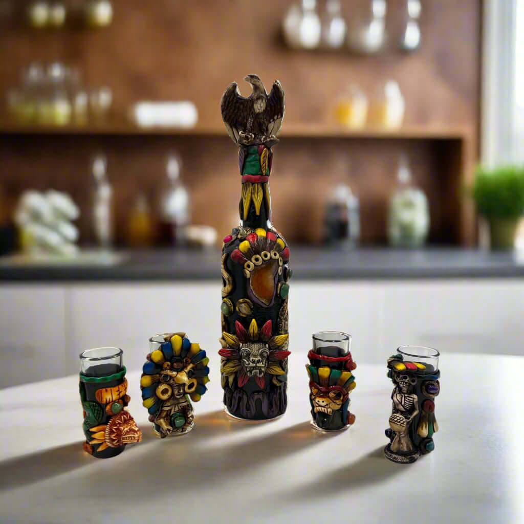 Aztec Warrior Tequila Set | Handmade Mexican Shot Glass & Decanter Set Aztec Decor La Vie Bien Aztec Warrior Tequila Set | Handmade Mexican Shot Glass & Decanter Set