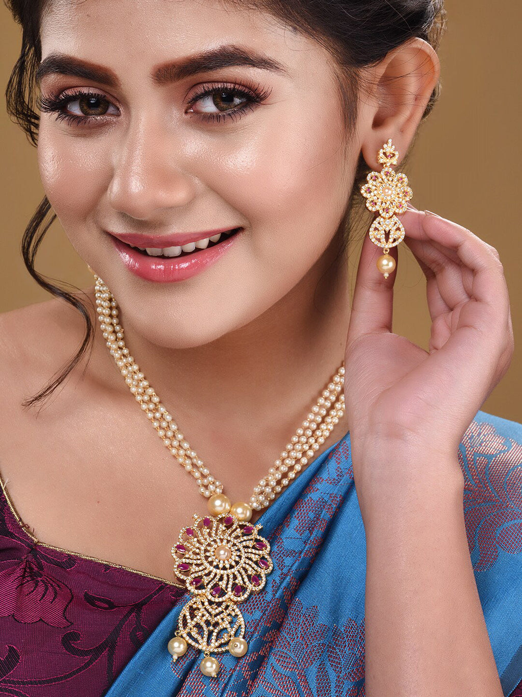 Saraf RS Jewellery Gold-Polished White & Pink American Diamond Studded & Beaded Handcrafted Set