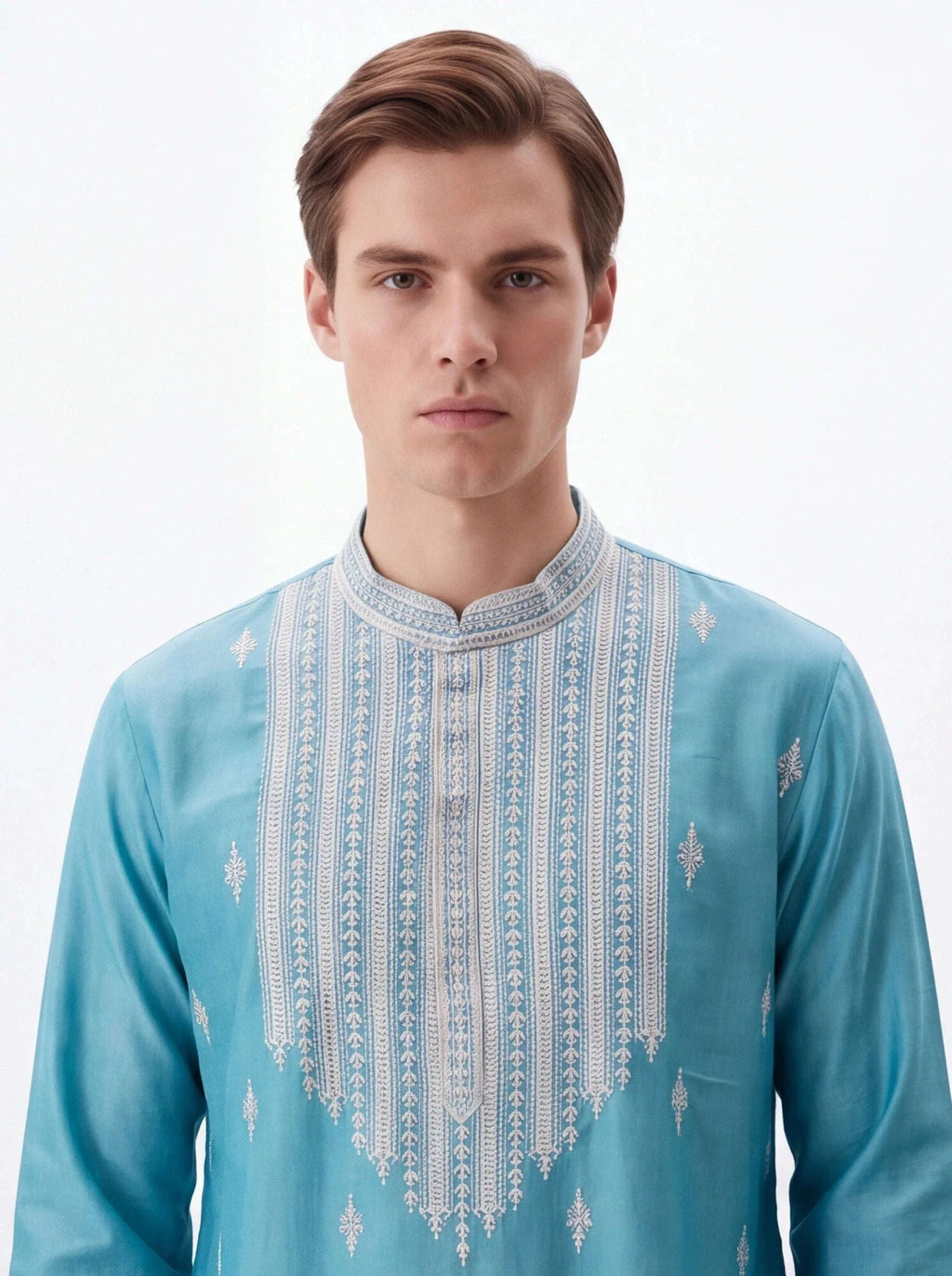 2074 - Blue silk kurta with white pajama