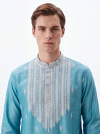 2074 - Blue silk kurta with white pajama