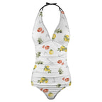 One-piece swimsuit with fruit pattern on a white background