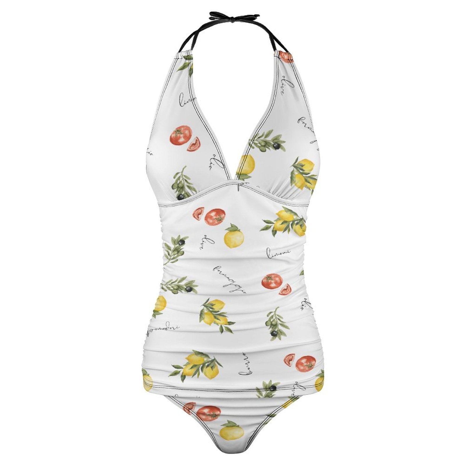 One-piece swimsuit with fruit pattern on a white background