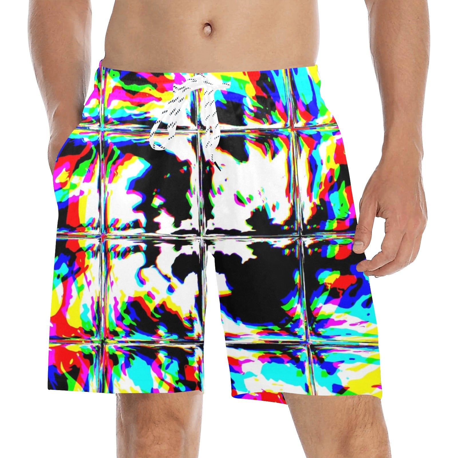 Psychedelic Rave Glitch Tiles Rainbow Plaid Swim Shorts