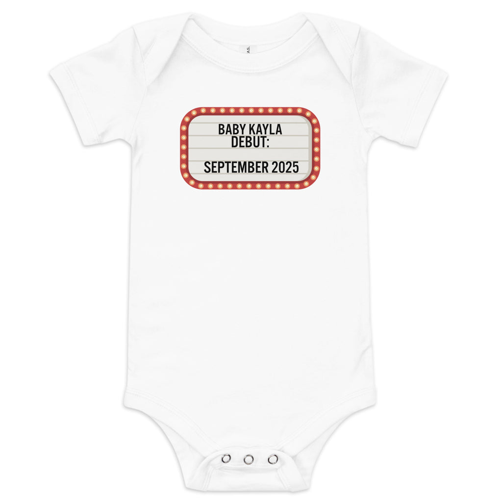 Personalized Baby marquee debut announcement one piece