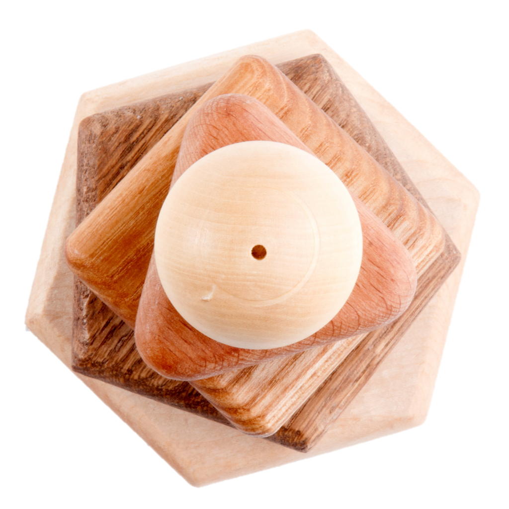 Wooden stacking toy in different shapes from 5 types of wood