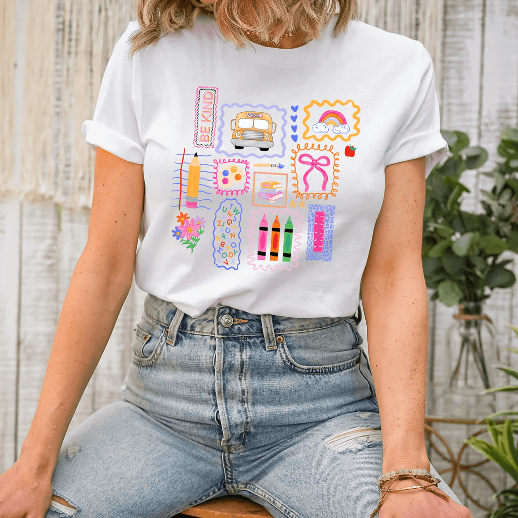 Back to School Doodles Be Kind adult tee, gift for teachers and educators by Benny and Ray Apparel