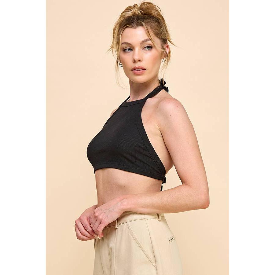 Backless Halter Tie Ribbed Top | Casual Style Cropped Top [Available in Sizes SM - L]