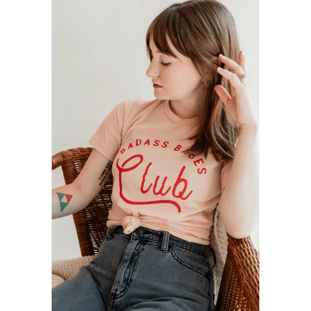 Badass Babes Club Graphic Tee in Peach with Red Text by Polished Prints