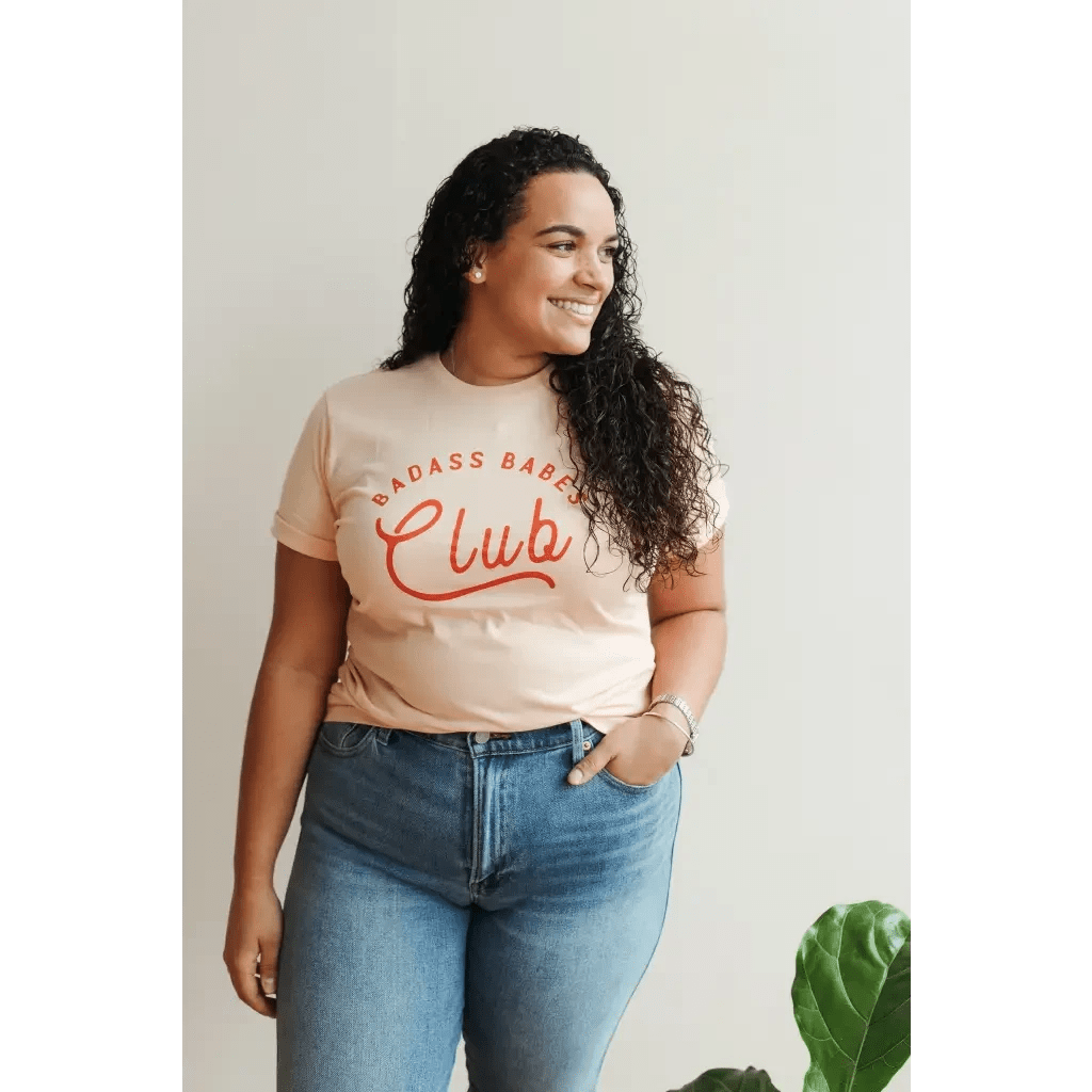 Badass Babes Club Graphic Tee in Peach with Red Text by Polished Prints