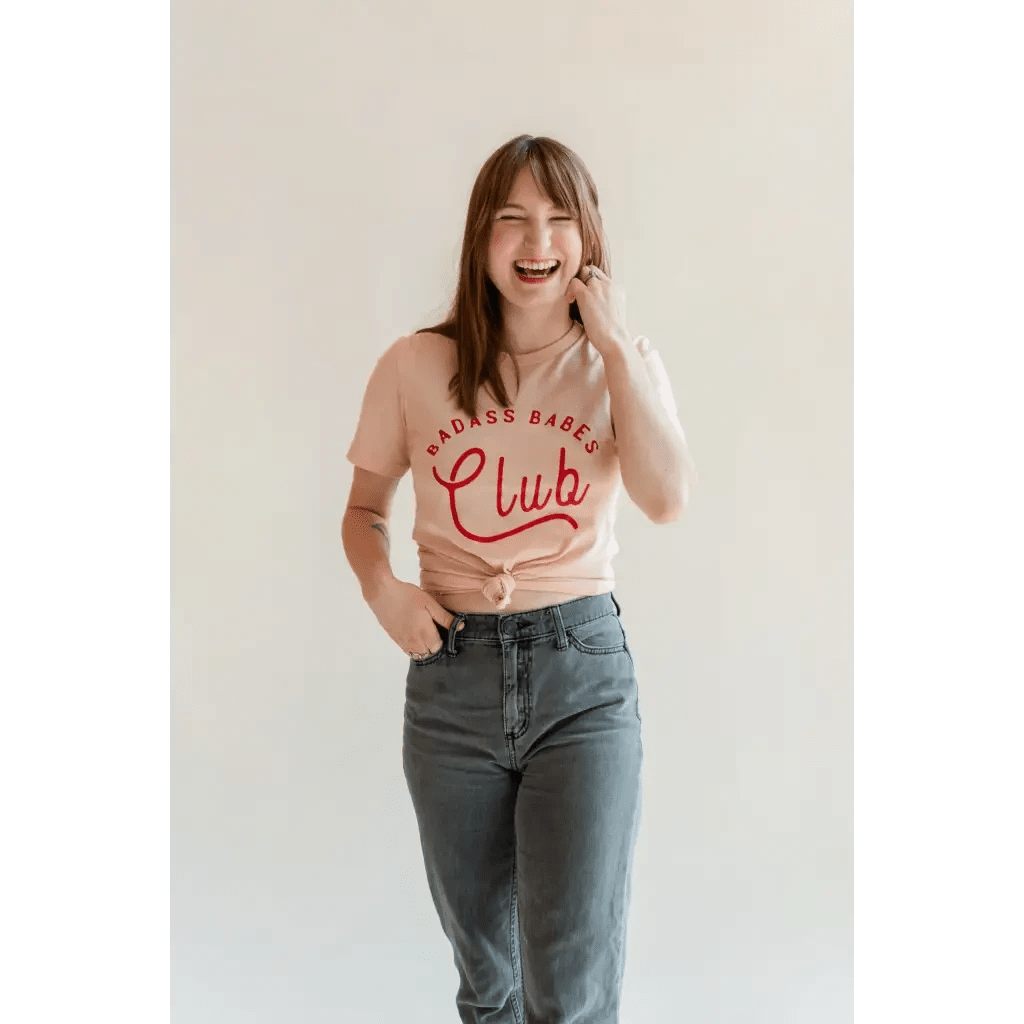 Badass Babes Club Graphic Tee in Peach with Red Text by Polished Prints