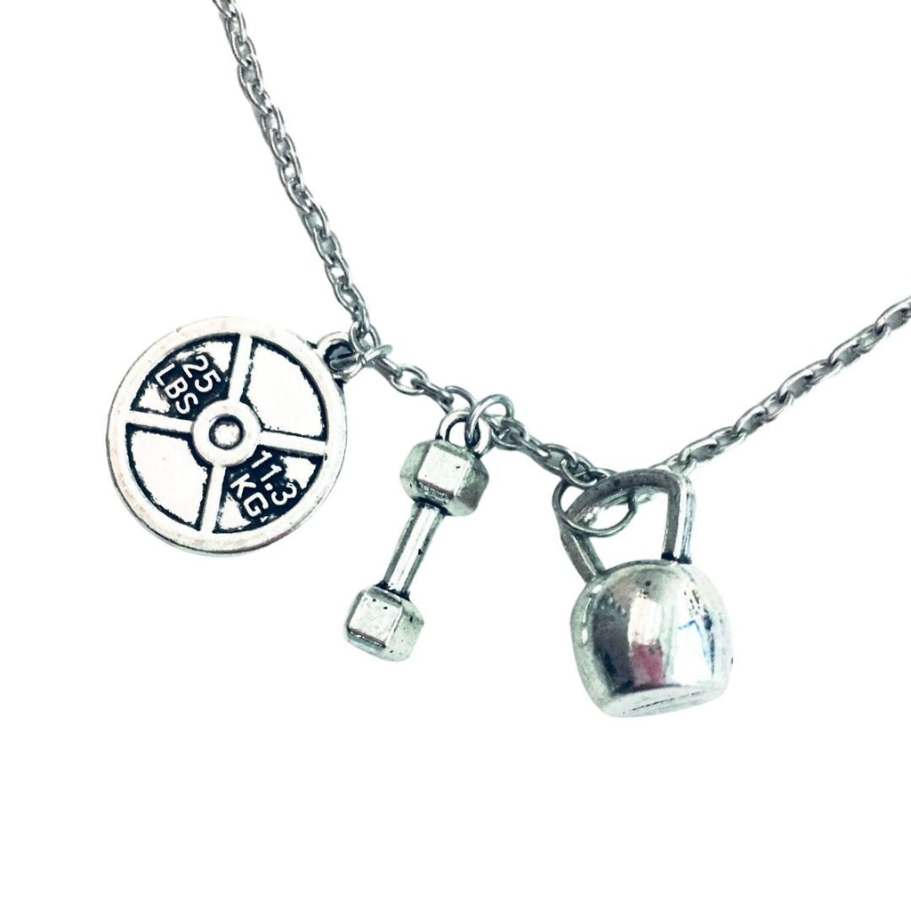 Badass Weightlifter Triple Charm Necklace in Silvertone Jewelry La Vie Bien Badass Weightlifter Triple Charm Necklace in Silvertone