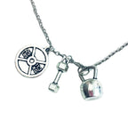 Badass Weightlifter Triple Charm Necklace in Silvertone Jewelry La Vie Bien Badass Weightlifter Triple Charm Necklace in Silvertone