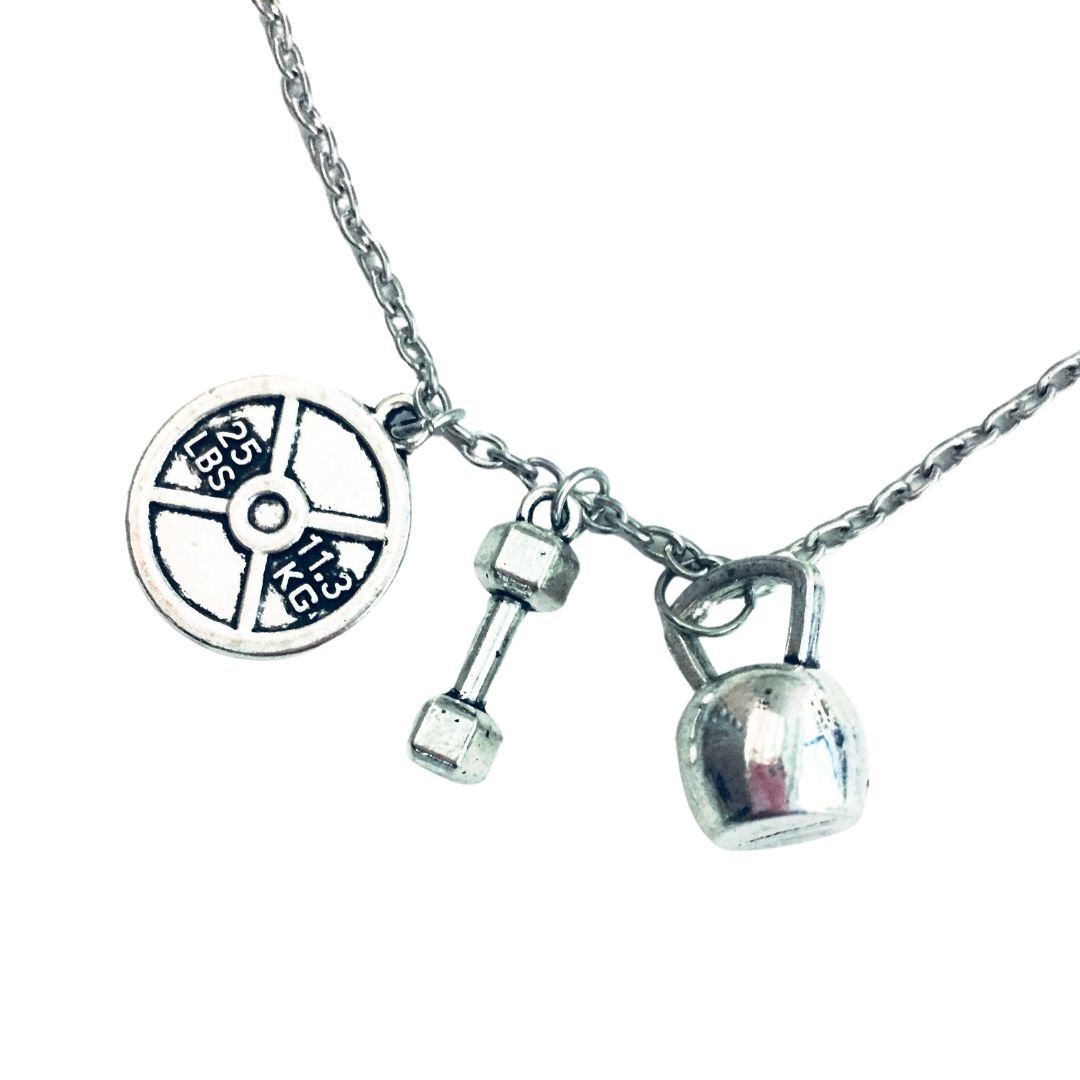 Badass Weightlifter Triple Charm Necklace in Silvertone Jewelry La Vie Bien Badass Weightlifter Triple Charm Necklace in Silvertone