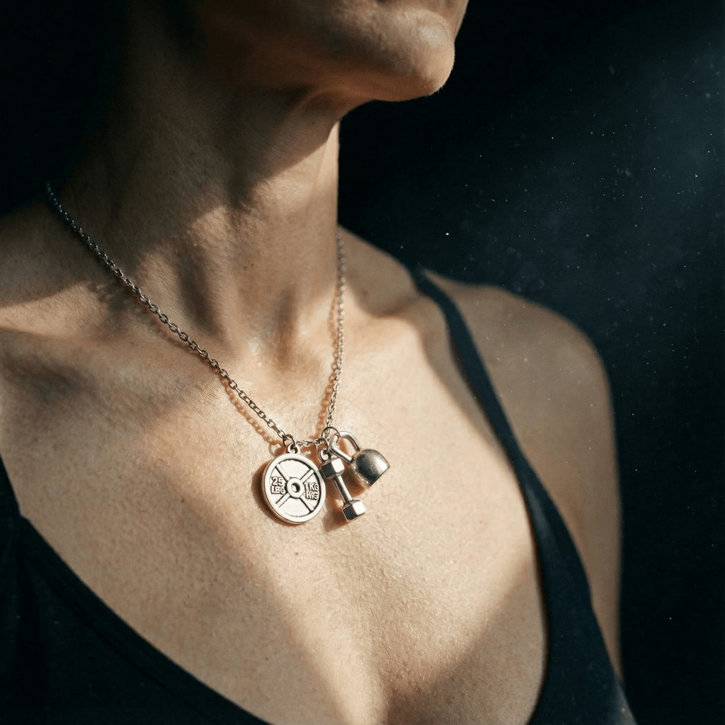 Badass Weightlifter Triple Charm Necklace in Silvertone Jewelry La Vie Bien Badass Weightlifter Triple Charm Necklace in Silvertone