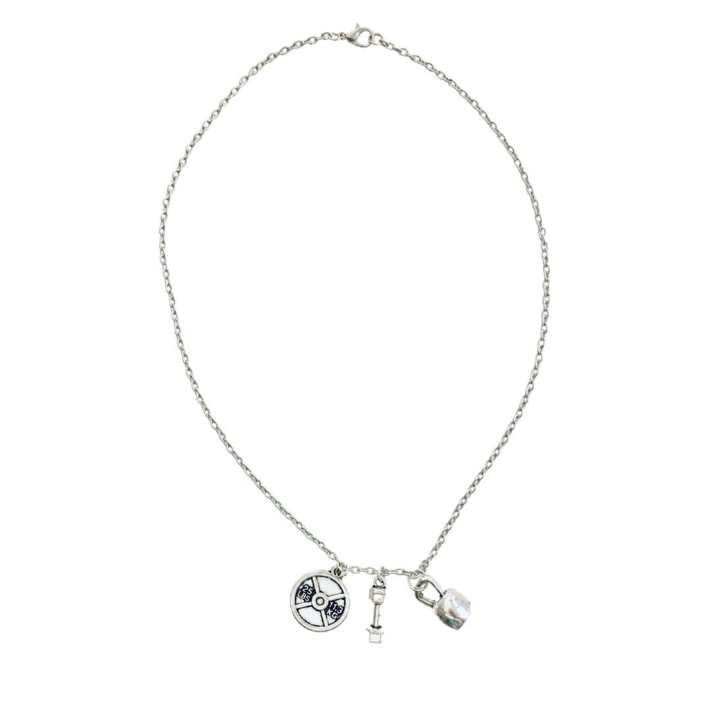 Badass Weightlifter Triple Charm Necklace in Silvertone Jewelry La Vie Bien Badass Weightlifter Triple Charm Necklace in Silvertone