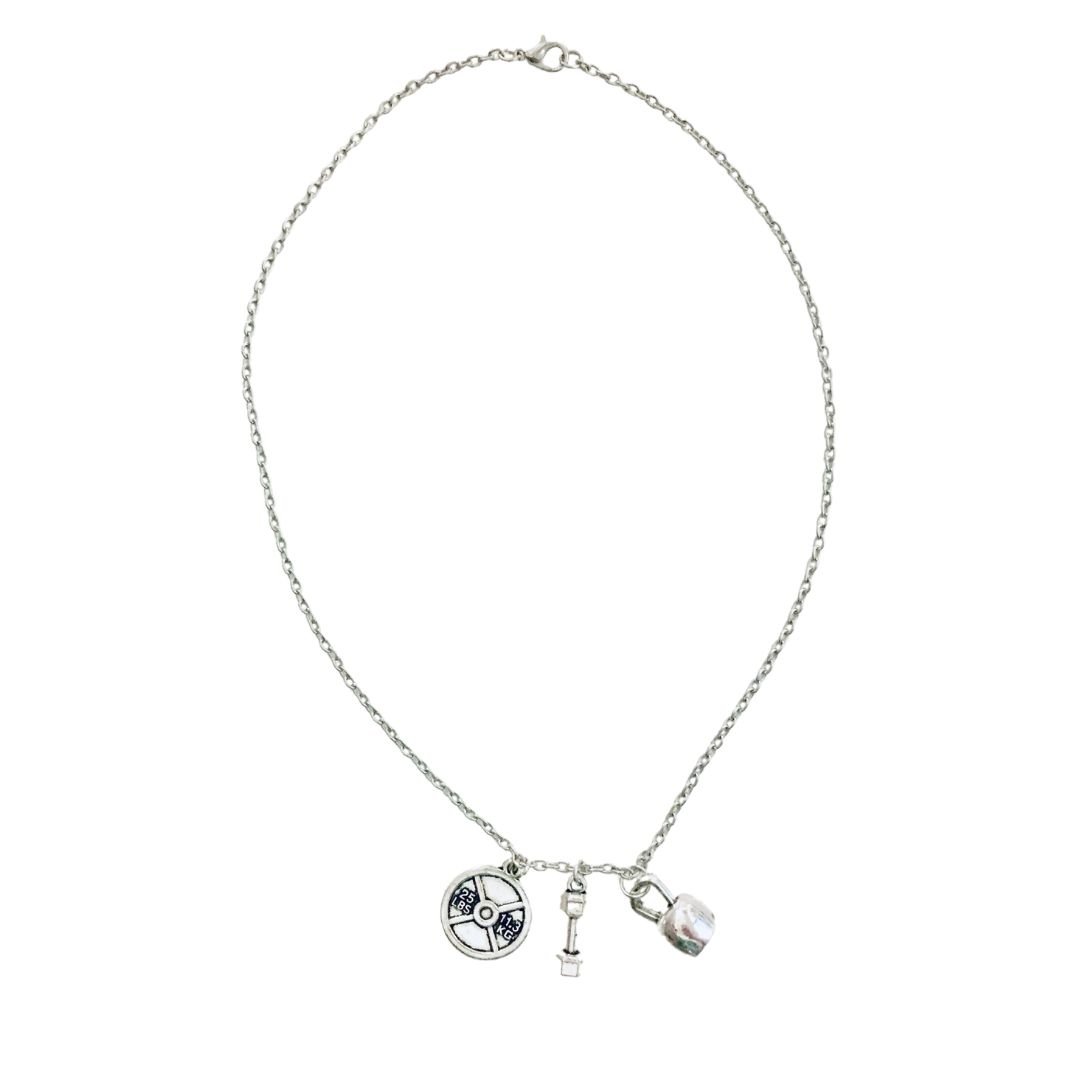 Badass Weightlifter Triple Charm Necklace in Silvertone Jewelry La Vie Bien Badass Weightlifter Triple Charm Necklace in Silvertone