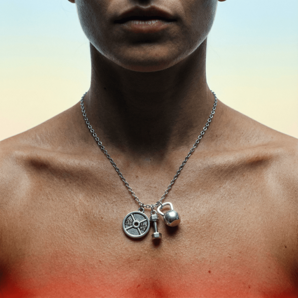 Badass Weightlifter Triple Charm Necklace in Silvertone Jewelry La Vie Bien Badass Weightlifter Triple Charm Necklace in Silvertone