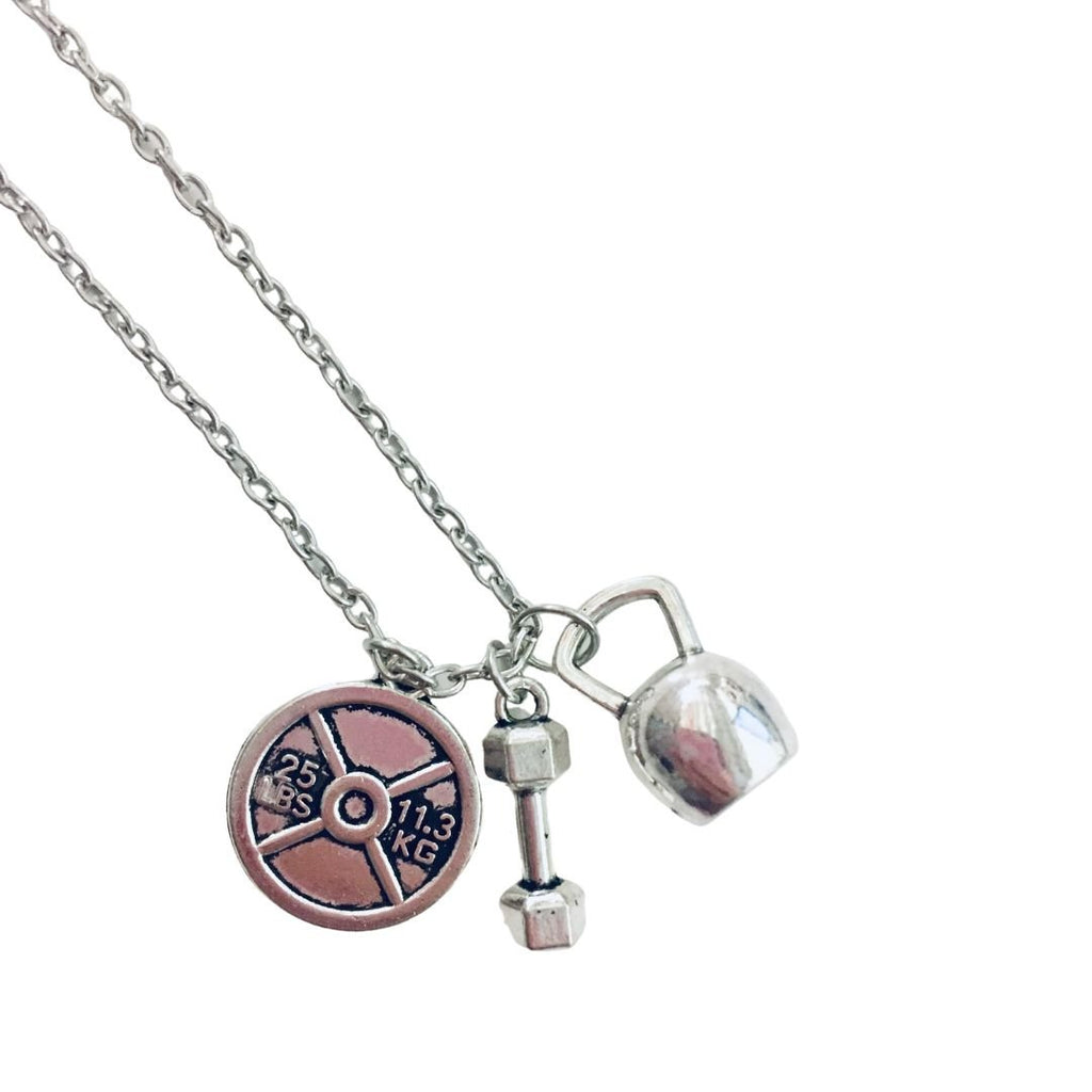 Badass Weightlifter Triple Charm Necklace in Silvertone Jewelry La Vie Bien Badass Weightlifter Triple Charm Necklace in Silvertone