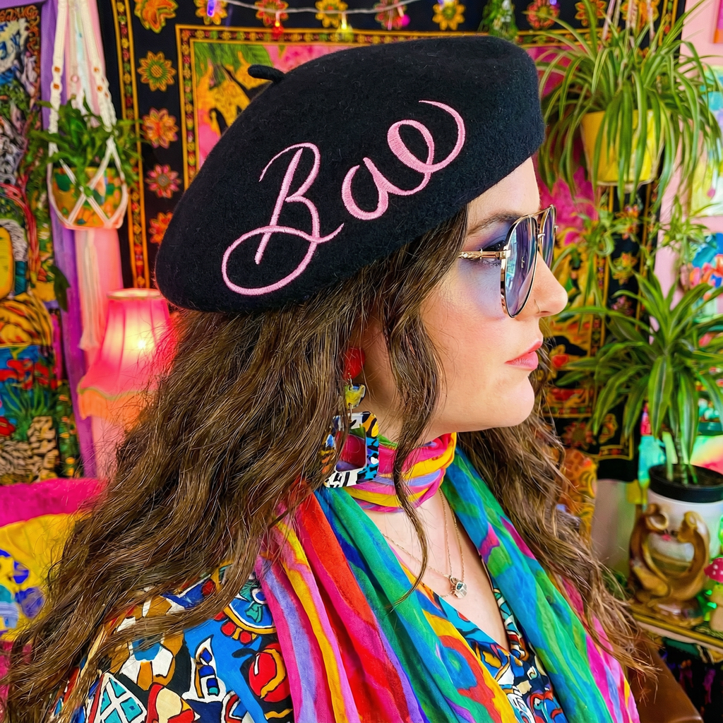 Bae Embroidered Beret in Black Hat La Vie Bien Bae Embroidered Beret in Black