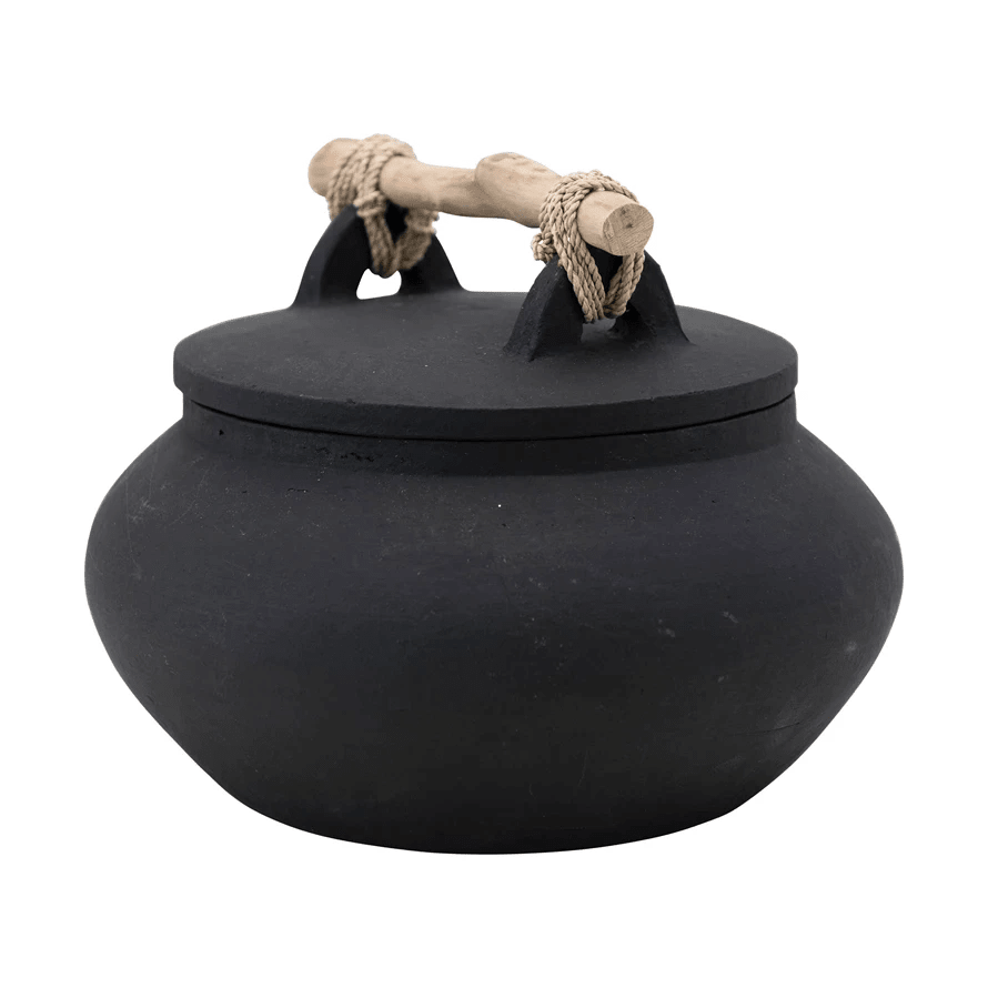 Bali Terracotta Container with Lid and Driftwood Handle by White Cliff Studio