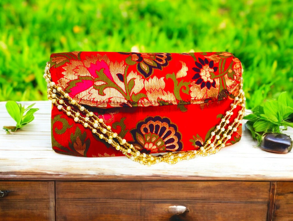 Banarsi Silk Clutch with Pearl Belt Clutch La Vie Bien Banarsi Silk Clutch with Pearl Belt