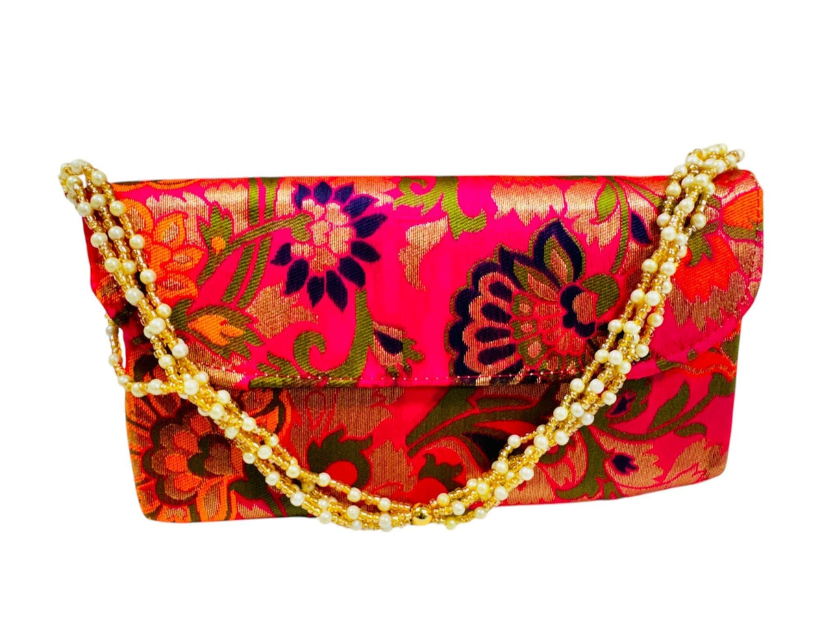 Banarsi Silk Clutch with Pearl Belt Clutch La Vie Bien Banarsi Silk Clutch with Pearl Belt