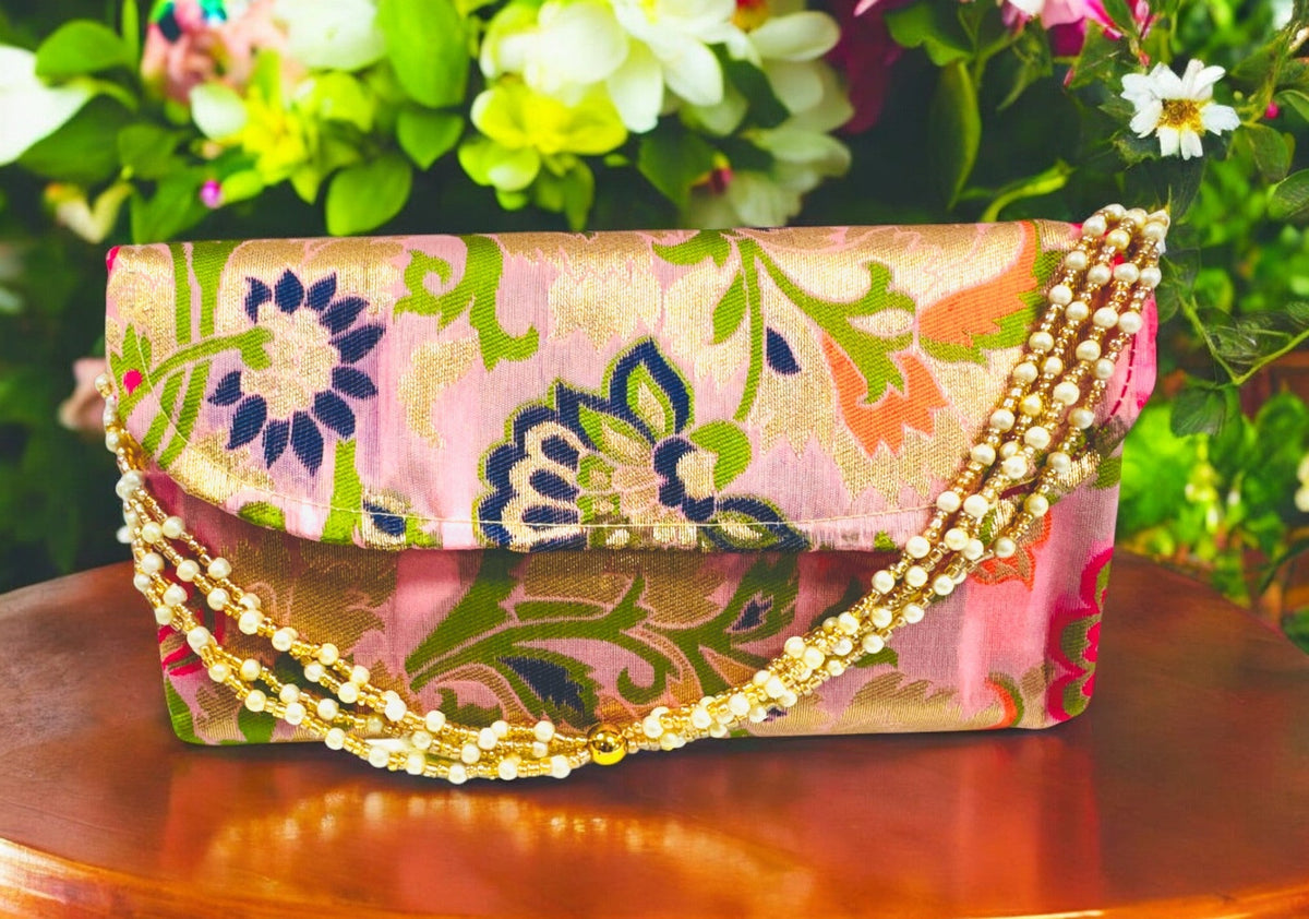 Banarsi Silk Clutch with Pearl Belt Clutch La Vie Bien Banarsi Silk Clutch with Pearl Belt