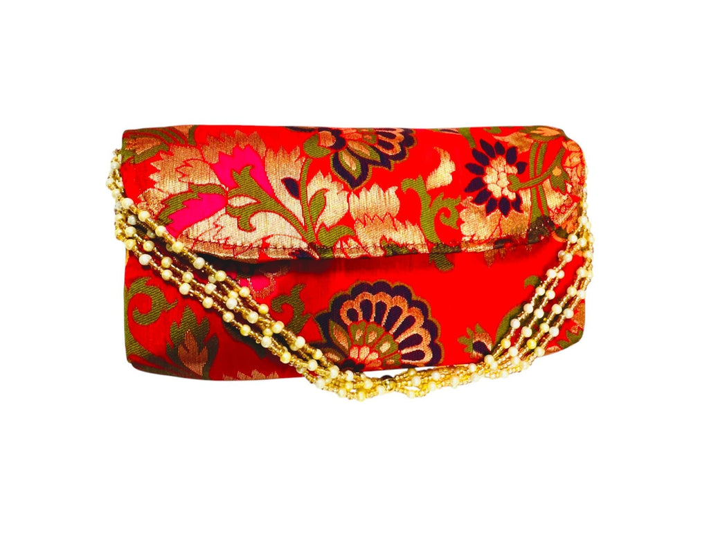Banarsi Silk Clutch with Pearl Belt Clutch La Vie Bien Banarsi Silk Clutch with Pearl Belt