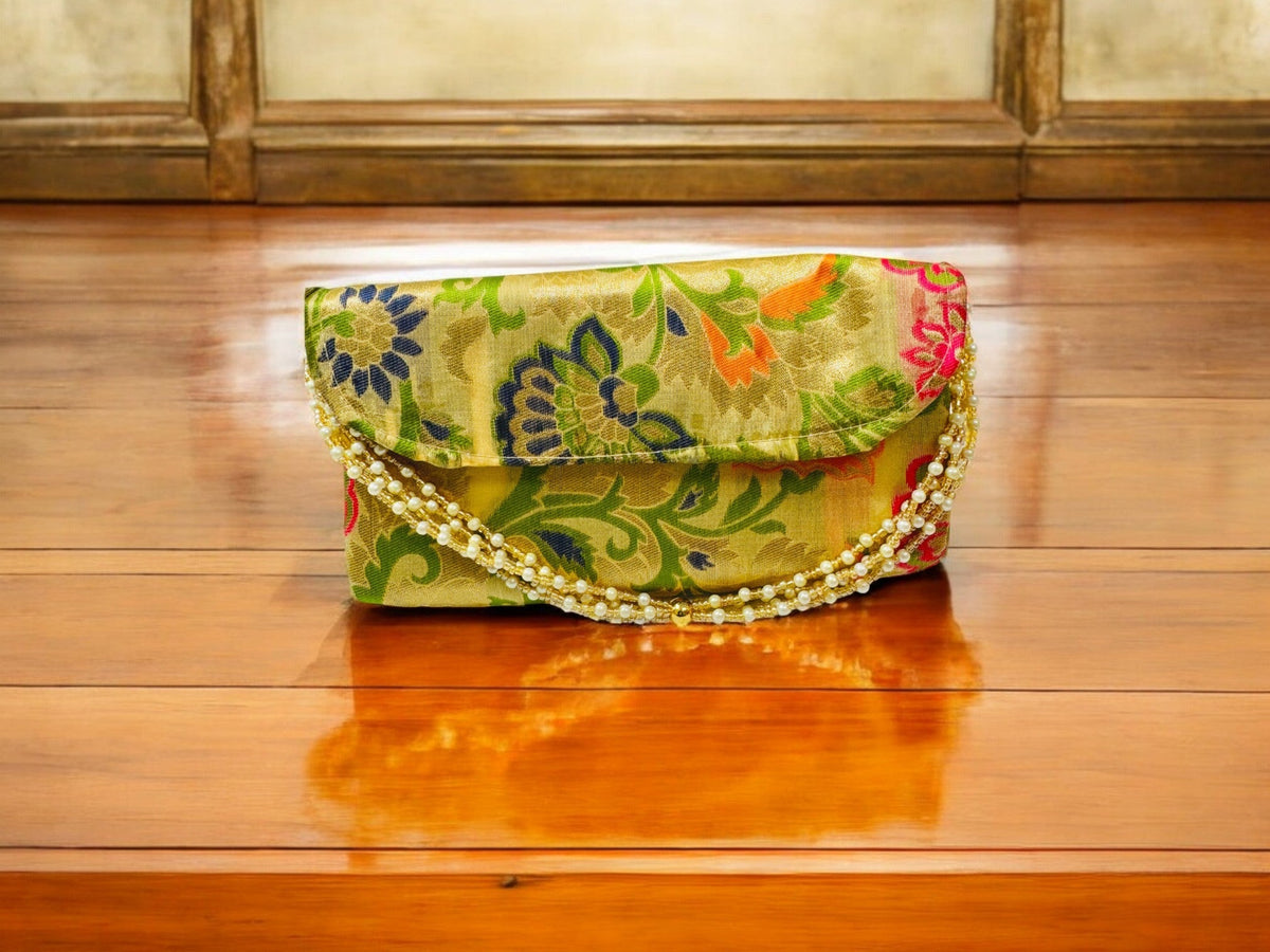 Banarsi Silk Clutch with Pearl Belt Clutch La Vie Bien Banarsi Silk Clutch with Pearl Belt