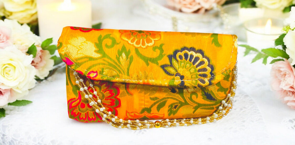 Banarsi Silk Clutch with Pearl Belt Clutch La Vie Bien Banarsi Silk Clutch with Pearl Belt