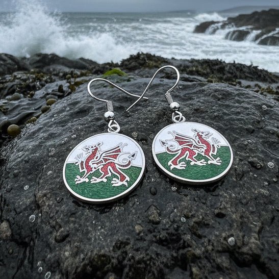 Bangor Welsh Dragon Enamel Earrings - Wales Gift Dangle Earrings La Vie Bien Bangor Welsh Dragon Enamel Earrings - Wales Gift