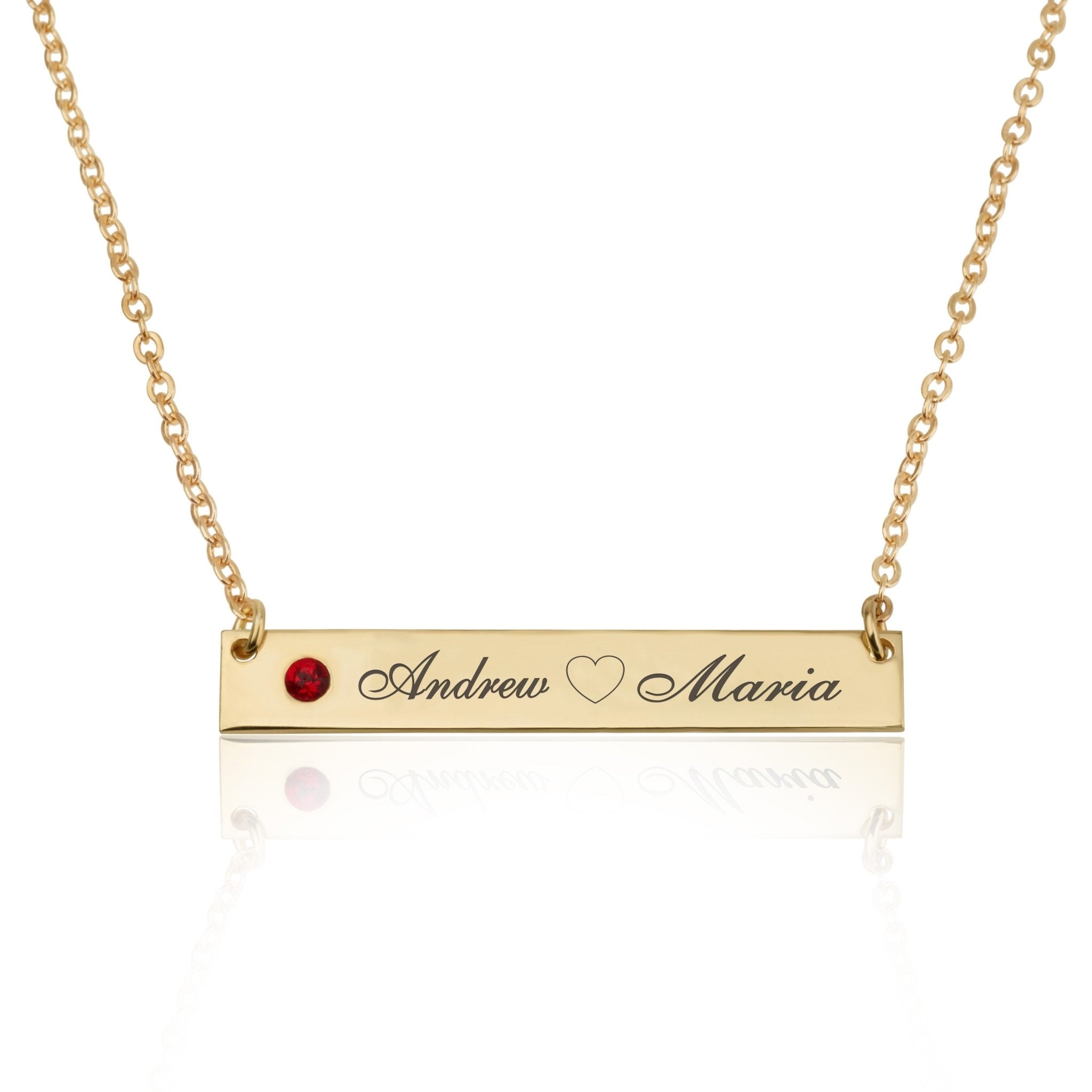 Bar Necklace With Engraved Heart, Names And Birthstone