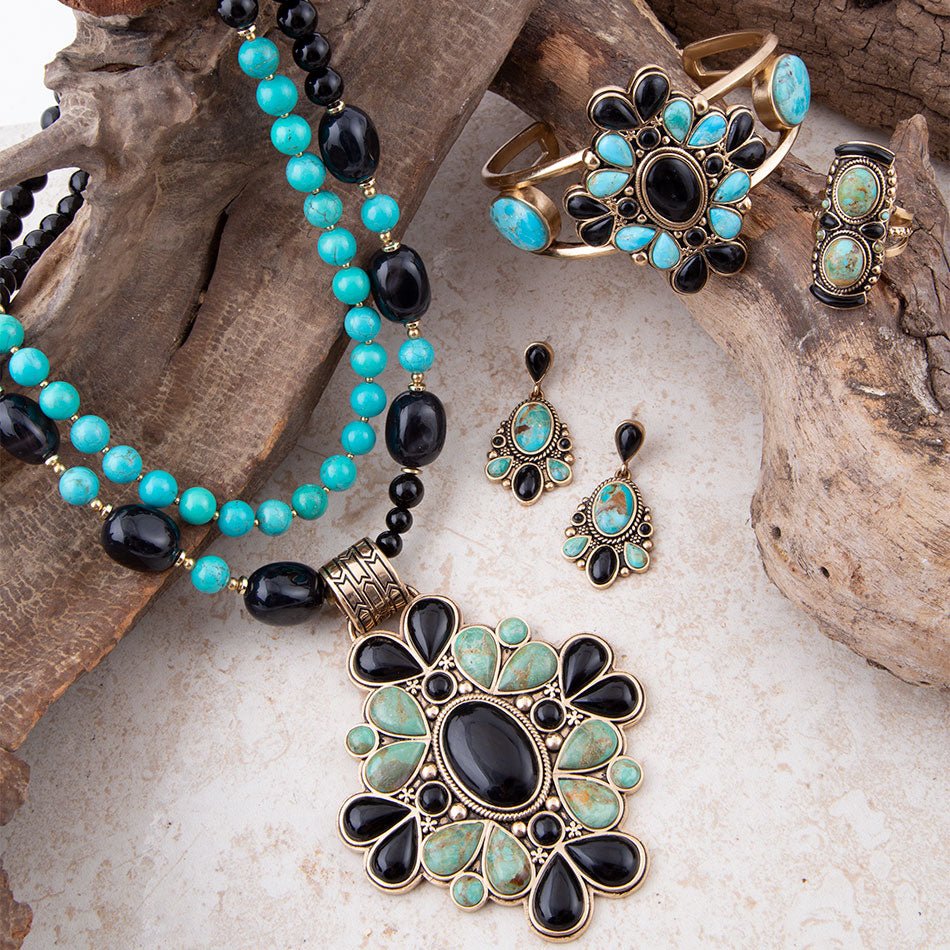 Barcelona Blue Turquoise and Black Onyx Golden Statement Necklace