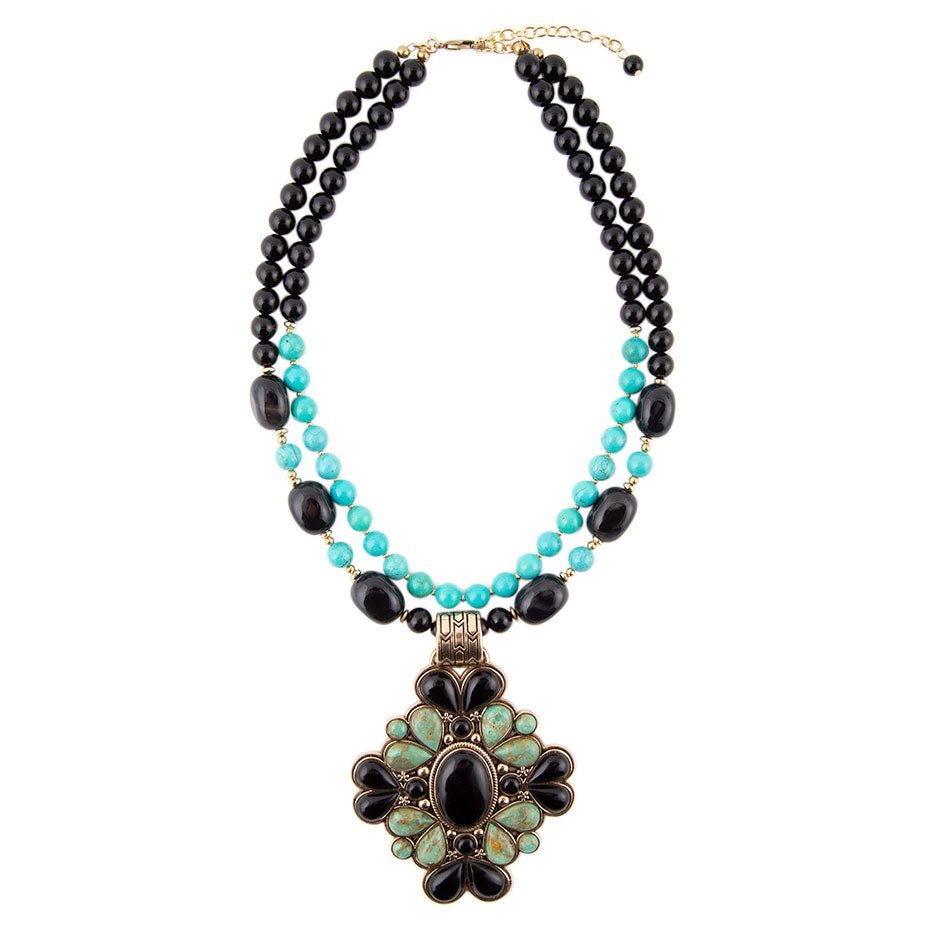 Barcelona Blue Turquoise and Black Onyx Golden Statement Necklace Necklaces La Vie Bien Barcelona Blue Turquoise and Black Onyx Golden Statement Necklace
