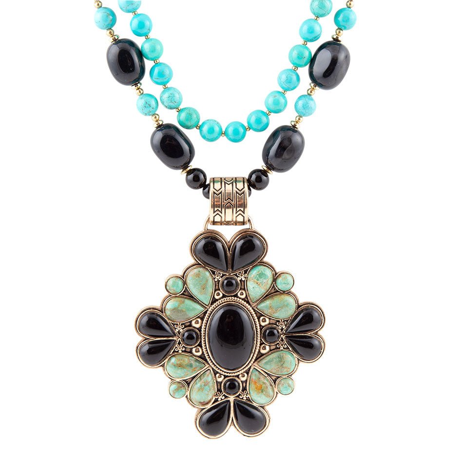 Barcelona Blue Turquoise and Black Onyx Golden Statement Necklace Necklaces La Vie Bien Barcelona Blue Turquoise and Black Onyx Golden Statement Necklace