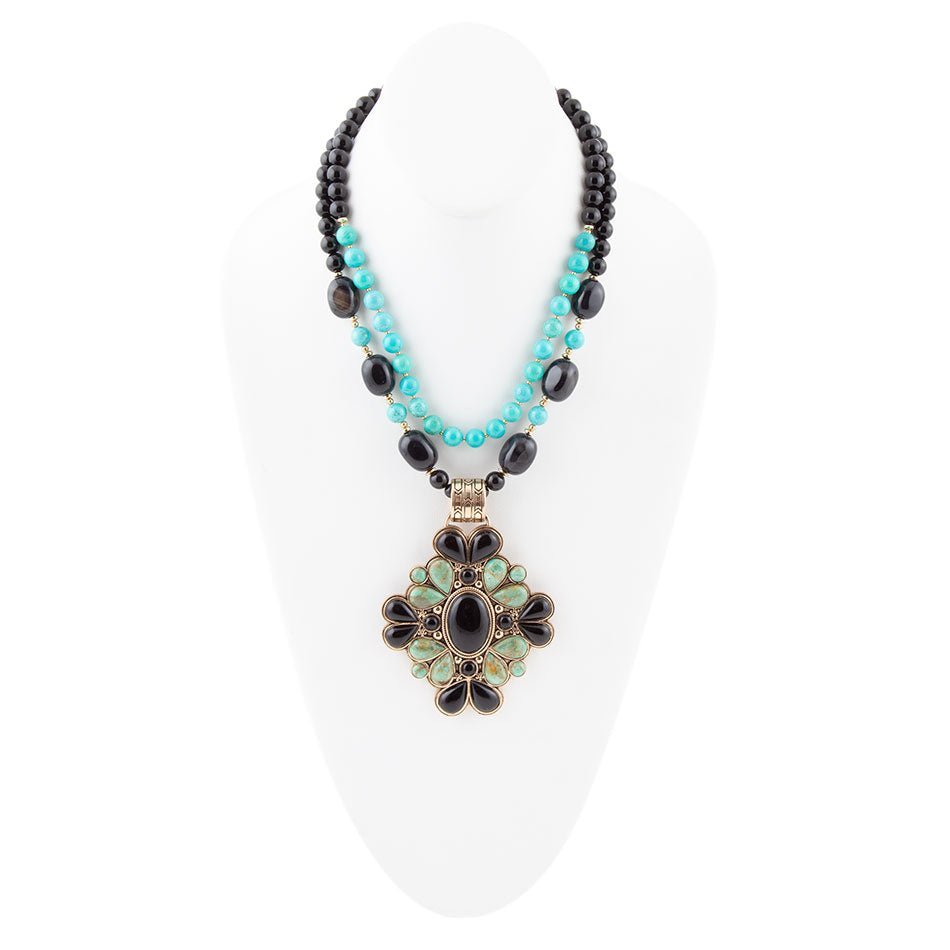 Barcelona Blue Turquoise and Black Onyx Golden Statement Necklace Necklaces La Vie Bien Barcelona Blue Turquoise and Black Onyx Golden Statement Necklace