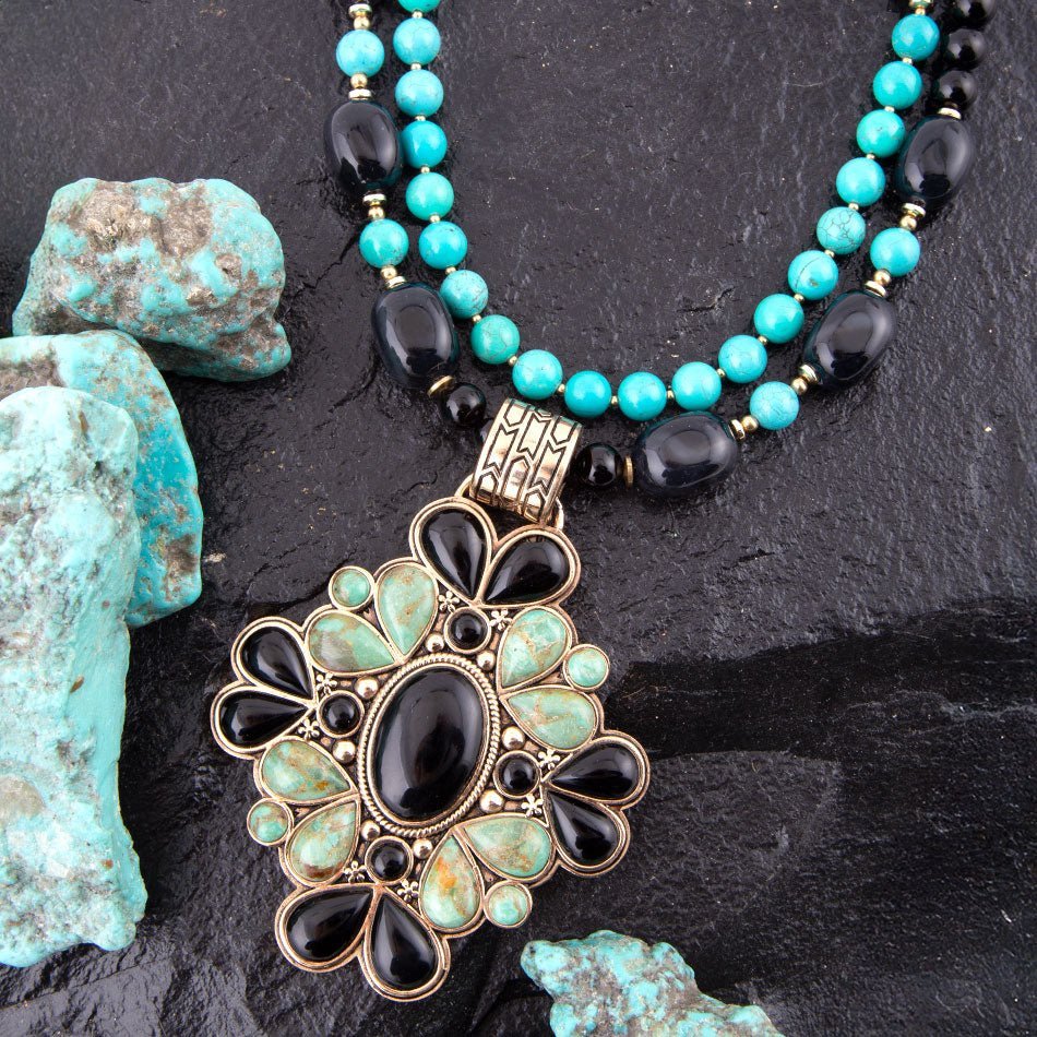 Barcelona Blue Turquoise and Black Onyx Golden Statement Necklace Necklaces La Vie Bien Barcelona Blue Turquoise and Black Onyx Golden Statement Necklace