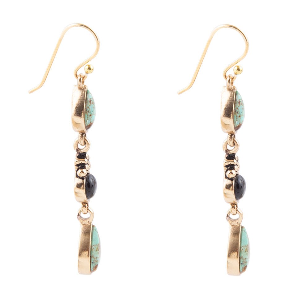Barcelona Blue Turquoise and Black Onyx Linear Drop Golden Earrings Earrings La Vie Bien Barcelona Blue Turquoise and Black Onyx Linear Drop Golden Earrings
