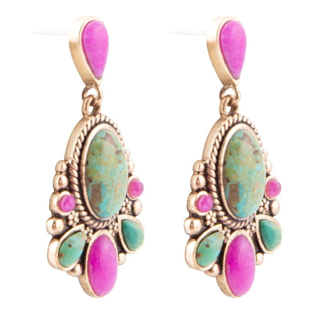 Barcelona Blue Turquoise and Pink Agate Golden Drop Earrings by Barse Jewelry