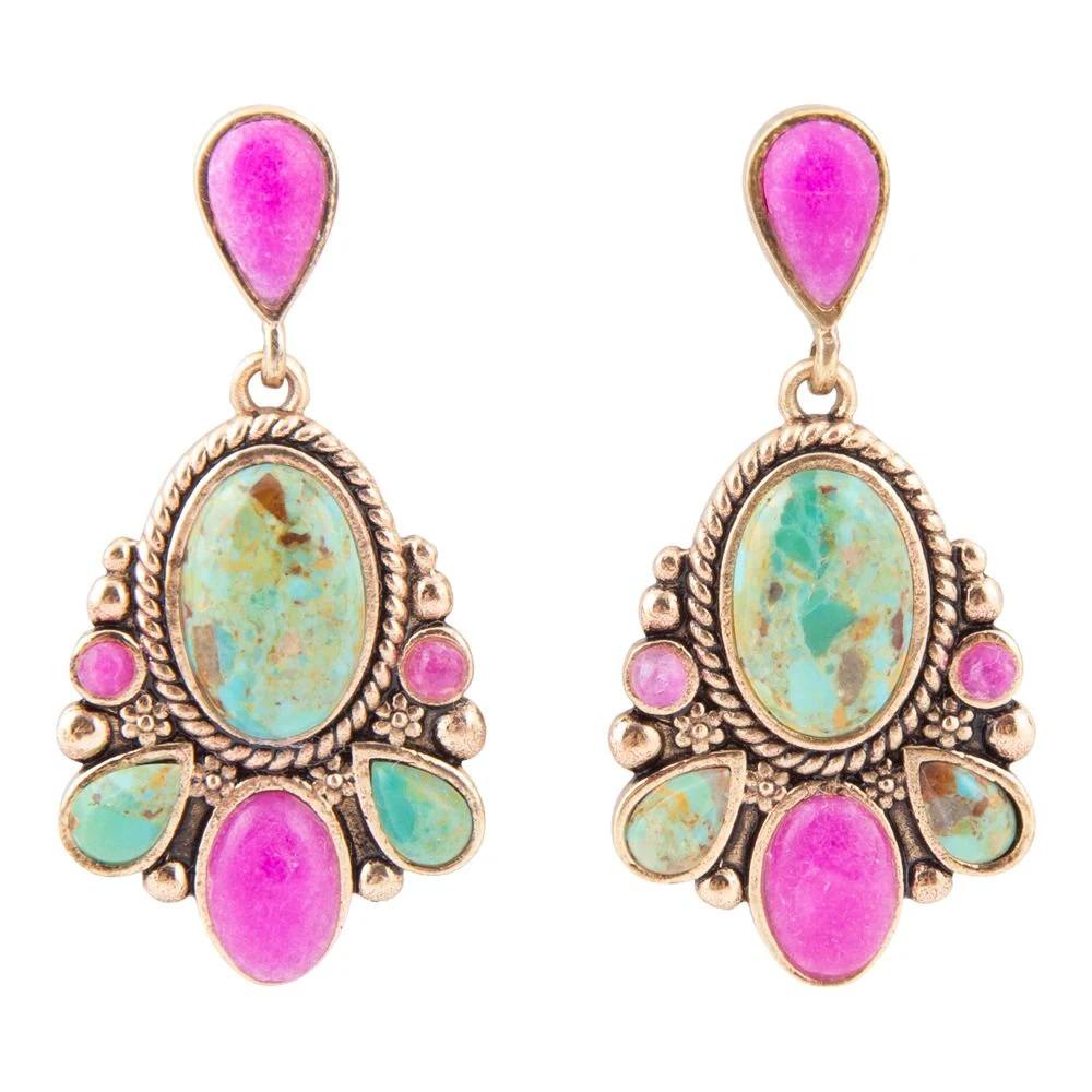 Barcelona Blue Turquoise and Pink Agate Golden Drop Earrings by Barse Jewelry