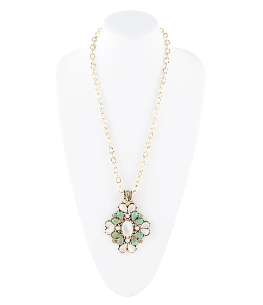 Barcelona Blue Turquoise and Mother of Pearl Golden Statement Necklace by Barse Jewelry