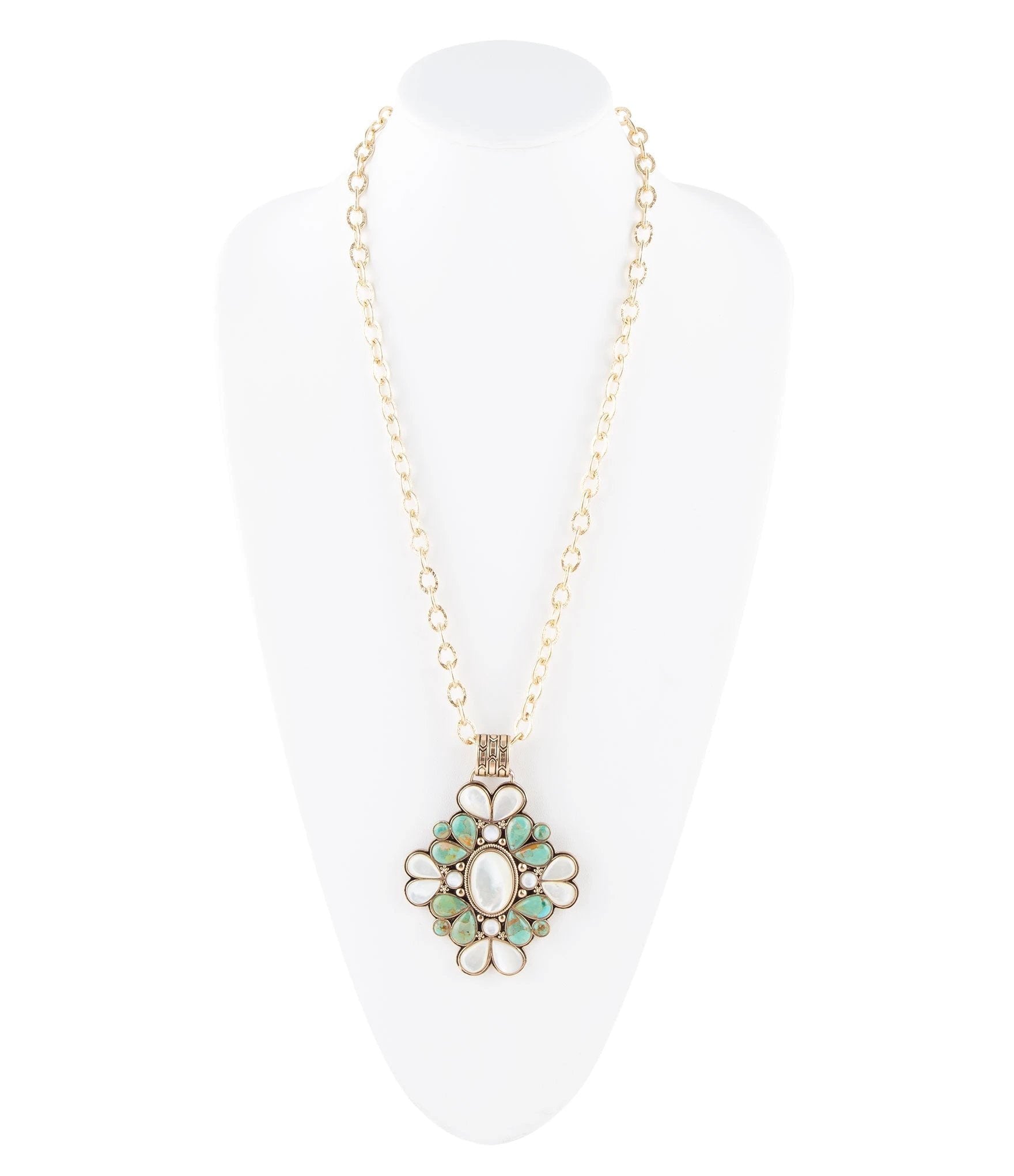 Barcelona Blue Turquoise and Mother of Pearl Golden Statement Necklace by Barse Jewelry