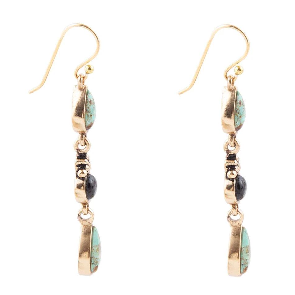 Barcelona Blue Turquoise and Black Onyx Linear Drop Golden Earrings by Barse Jewelry