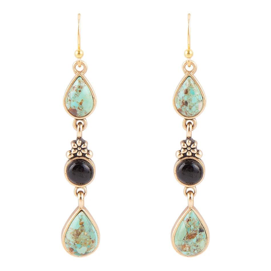 Barcelona Blue Turquoise and Black Onyx Linear Drop Golden Earrings by Barse Jewelry