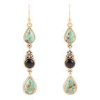 Barcelona Blue Turquoise and Black Onyx Linear Drop Golden Earrings by Barse Jewelry