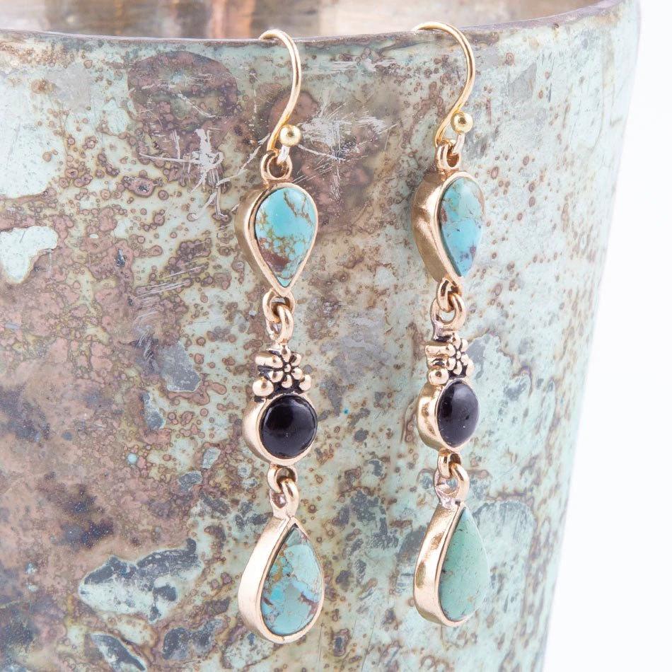 Barcelona Blue Turquoise and Black Onyx Linear Drop Golden Earrings by Barse Jewelry