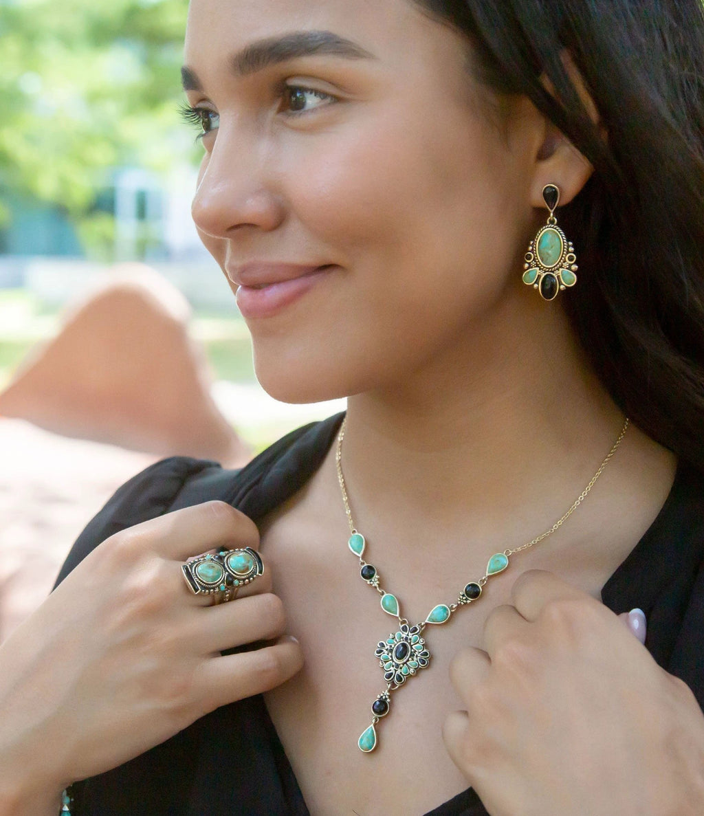 Barcelona Blue Turquoise and Black Onyx Post Drop Golden Earrings by Barse Jewelry